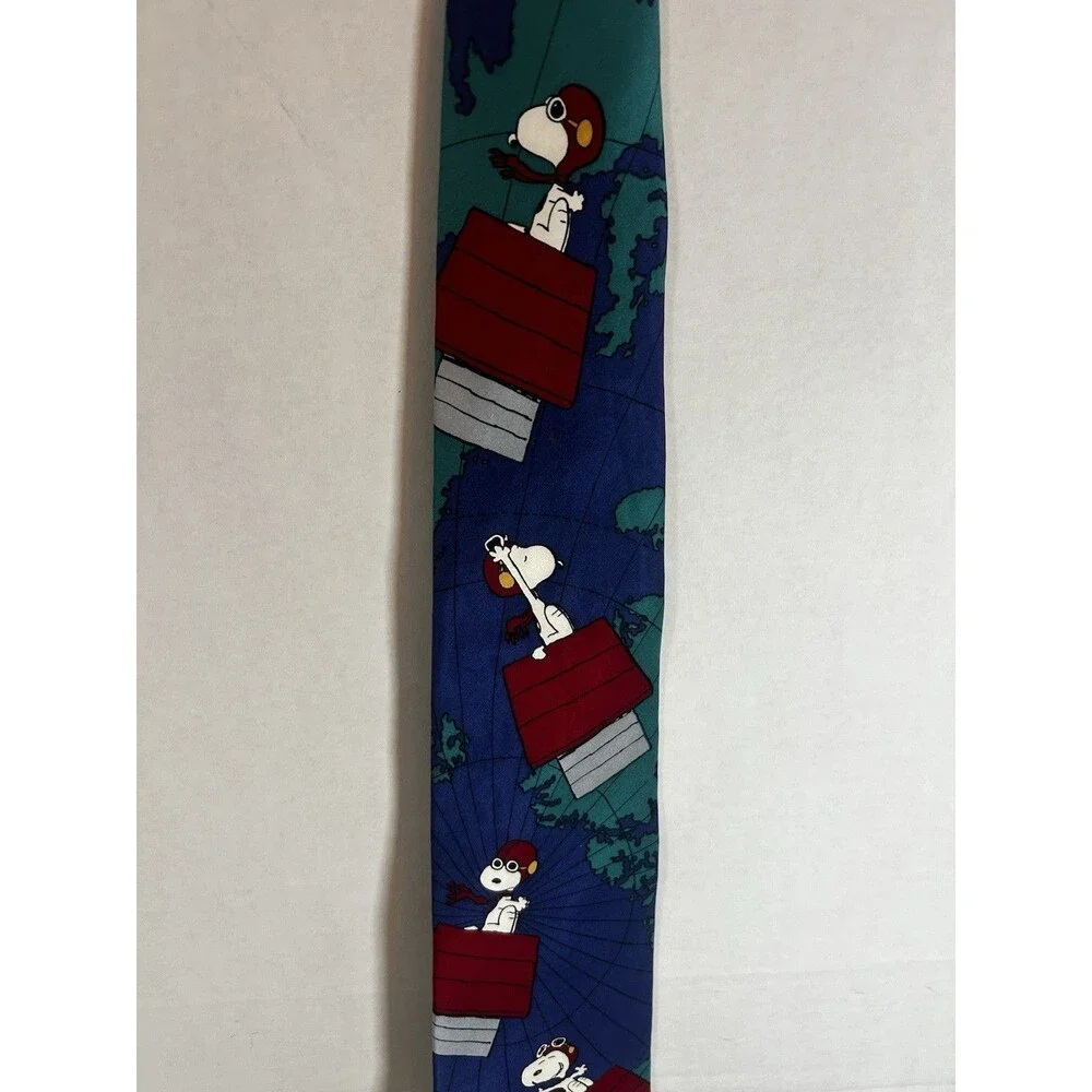 Peanuts Snoopy Flying Ace Red Baron Blue Novelty Silk Tie Mens Vintage Necktie